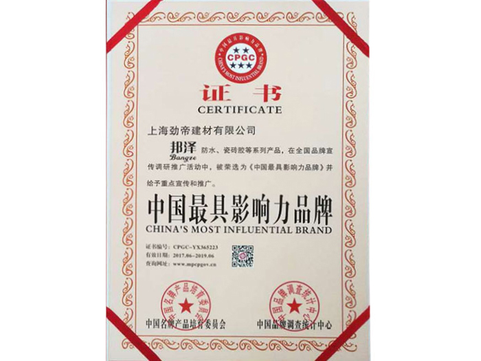 中国最具影响力品牌证书